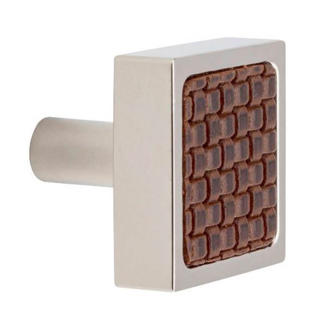 Colonial Bronze Leather Accented Square Cabinet Knob With Straight Post, Matte Satin Nickel x Woven Cherry Royale Leather
