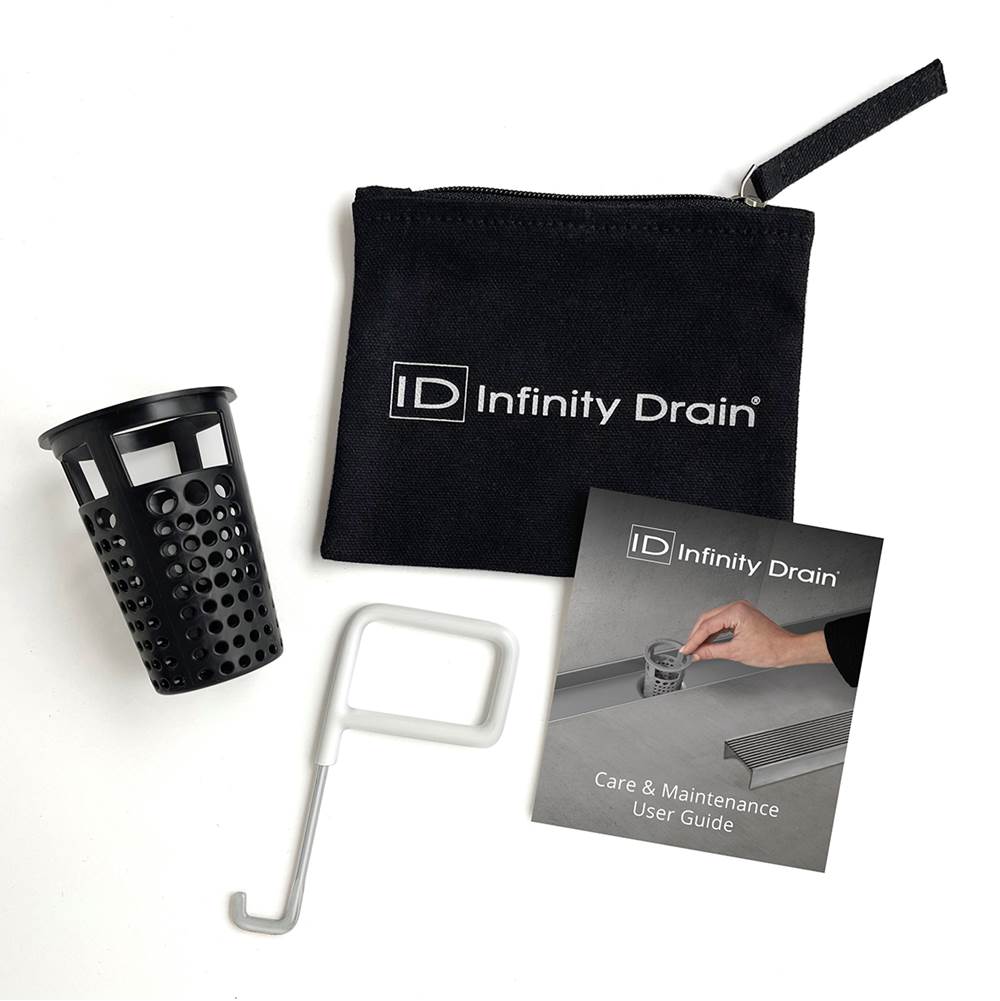 Infinity Drain Hair Maintenance Kit. Includes maintenance guide, AKEY Lift-out key, and HB 65B Hair Basket in black.