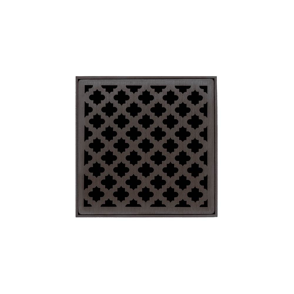 Infinity Drain 5'' x 5'' MD 5 Complete Kit with Moor Pattern Decorative Plate in Oil Rubbed Bronze with Cast Iron Drain Body, 2'' Outlet