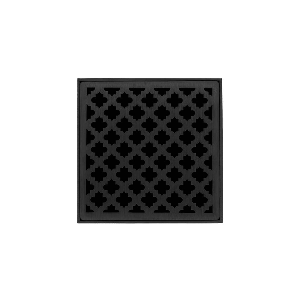 Infinity Drain 4'' x 4'' MDB 4 Complete Kit with Moor Pattern Decorative Plate in Matte Black with PVC Bonded Flange Drain Body, 2'', 3'' and 4'' Outlet