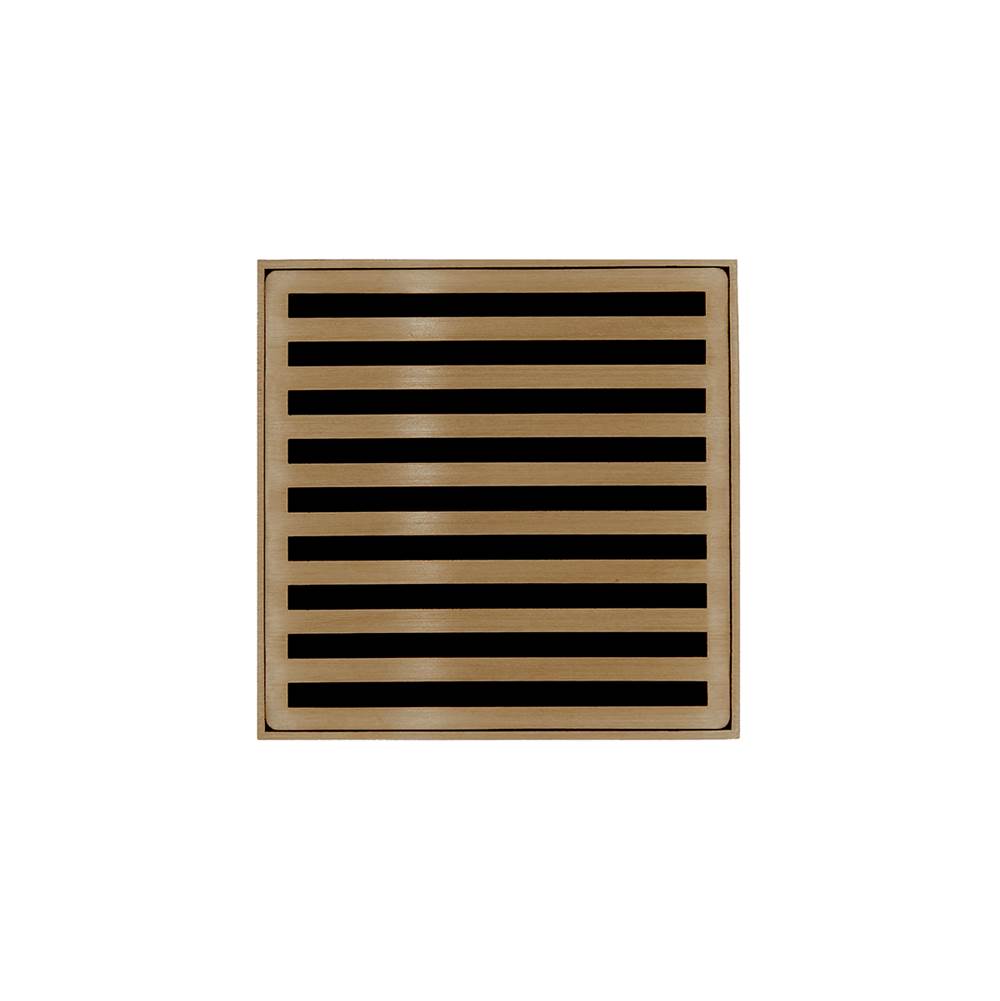 Infinity Drain 4'' x 4'' ND 4 Complete Kit with Lines Pattern Decorative Plate in Satin Bronze with Cast Iron Drain Body, 2'' Outlet