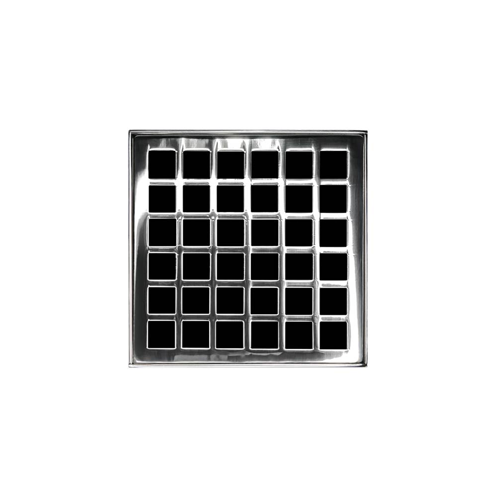 Infinity Drain 4'' x 4'' QD 4 Complete Kit with Squares Pattern Decorative Plate in Polished Stainless with Cast Iron Drain Body for Hot Mop, 2'' Outlet