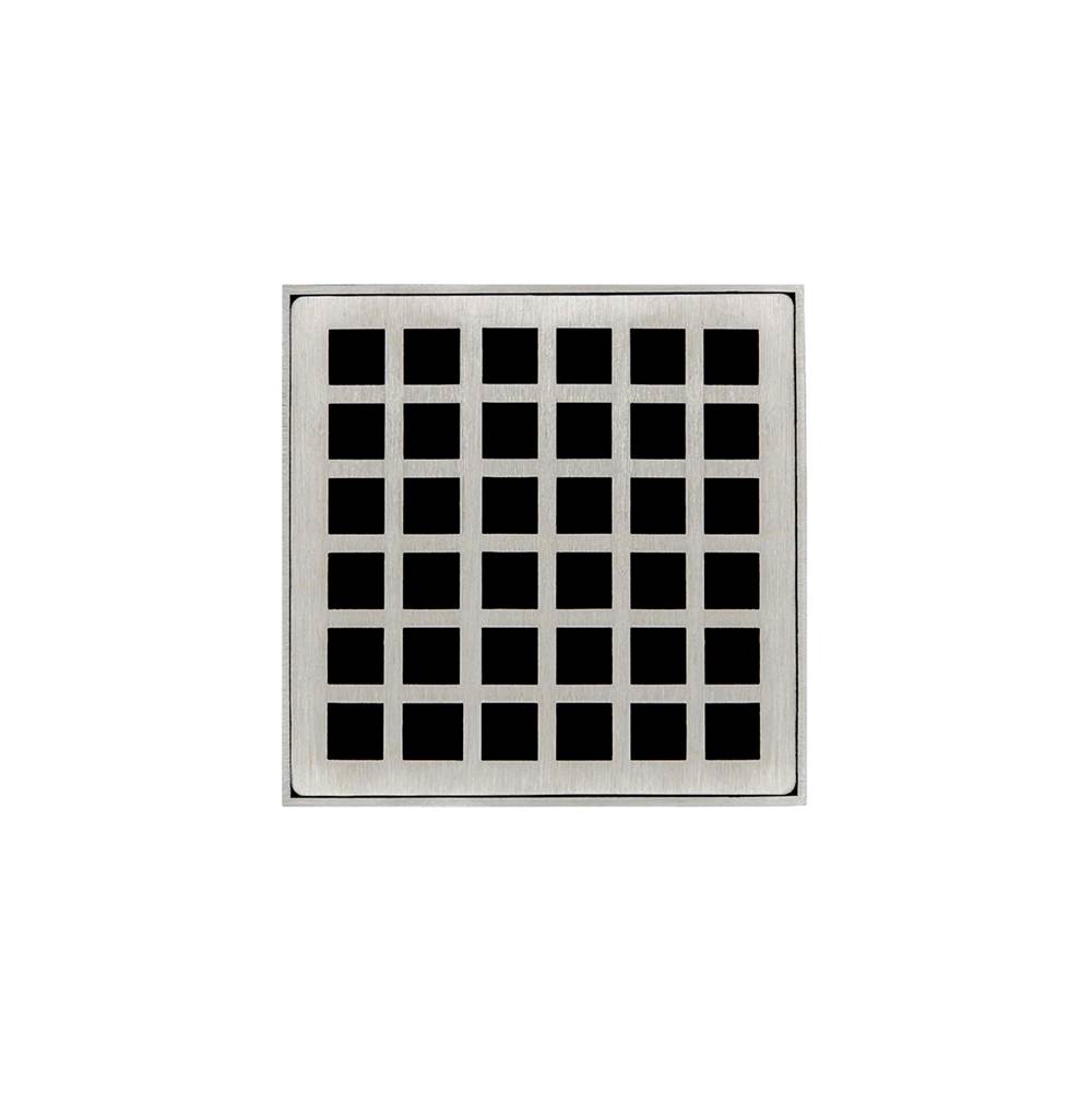 Infinity Drain 4'' x 4'' QD 4 Complete Kit with Squares Pattern Decorative Plate in Satin Stainless with Cast Iron Drain Body, 2'' Outlet