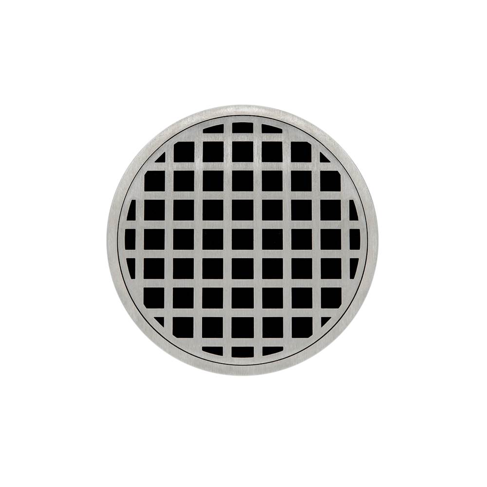 Infinity Drain 5'' Round RQD 5 Complete Kit with Squares Pattern Decorative Plate in Satin Stainless with Cast Iron Drain Body for Hot Mop, 2'' Outlet