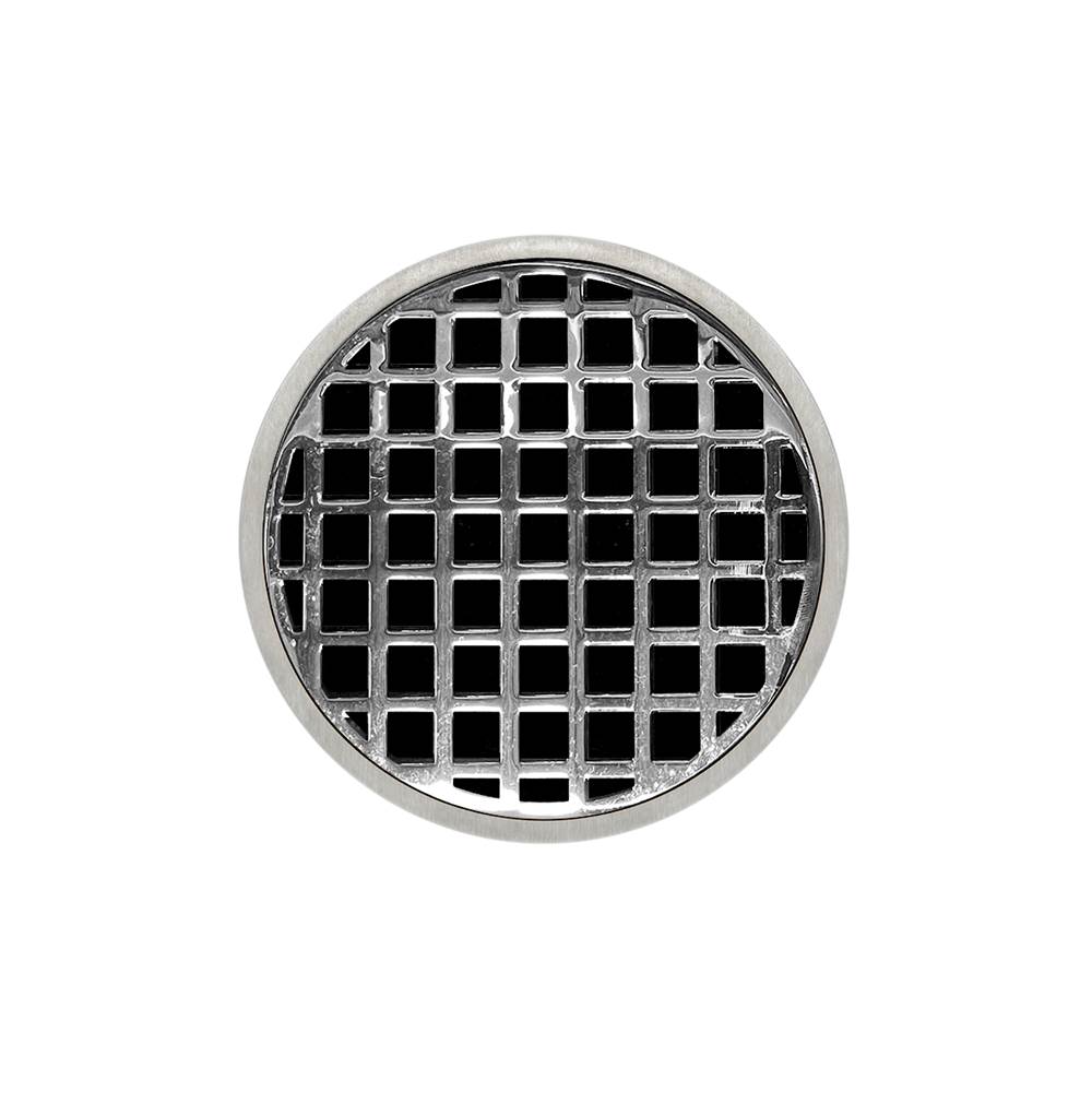 Infinity Drain 5'' Round RQD 5 Complete Kit with Squares Pattern Decorative Plate in Polished Stainless with Cast Iron Drain Body, 2'' Outlet