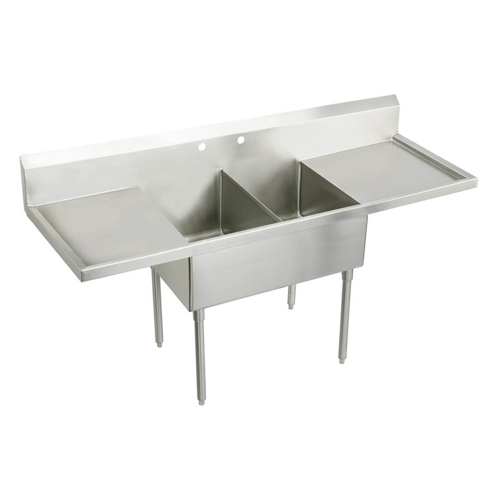 Just Manufacturing Stainless Steel 108'' x 27-1/2'' x 14'' Floor Mount Double 2-Hole Scullery Sink w/LandR Drainboards Coved Corners