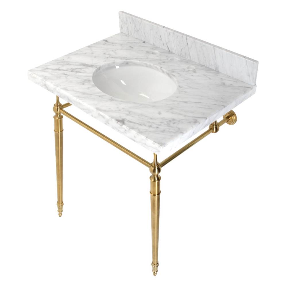 Kingston Brass Edwardian 30'' Console Sink with Brass Legs (8-Inch, 3 Hole), Marble White/Brushed Brass
